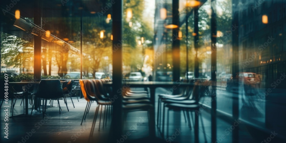 Poster blurred image of empty restaurant with chairs and tables. generative ai.