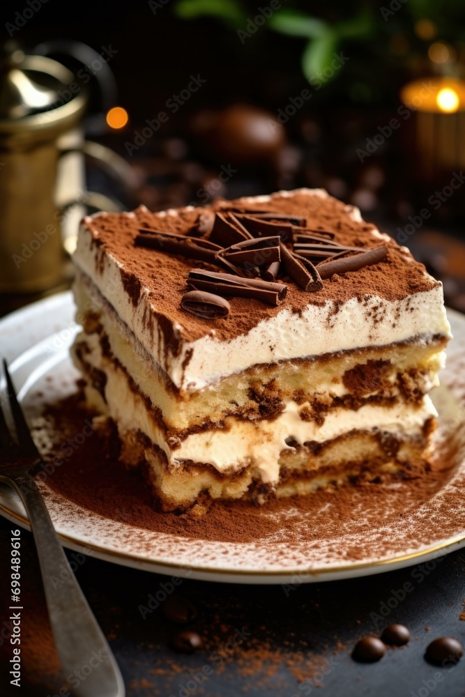Poster a slice of tiramisu on a plate with coffee beans and a fork. generative ai.