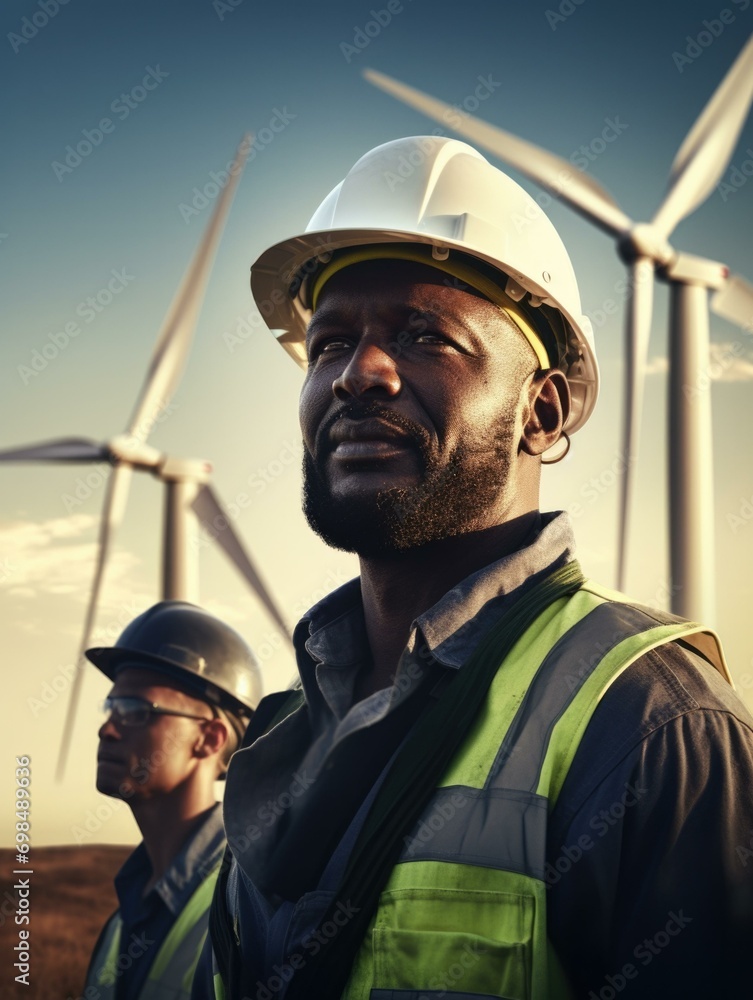 Poster two men in hard hats standing in front of wind turbines. generative ai.