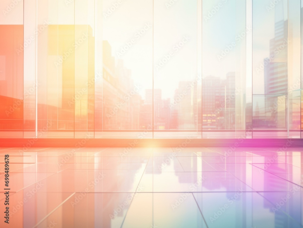 Poster an empty room with a city skyline in the background. generative ai.