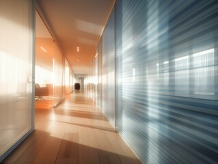 A long hallway with a light shining through the glass walls. Generative AI.