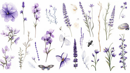 lavender objects isolated on a white background, blades of grass and flowers in watercolor style, set collection