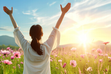 Back view of a woman standing amidst a field of flowers, raising their arms towards the sky where the sun is shining brightly, freedom