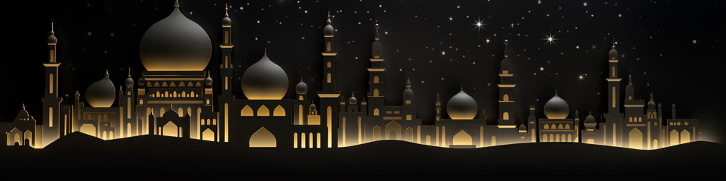 long, narrow, panorama golden palace greeting lights up at night fairy tale black background.