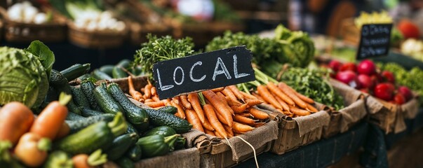 mot "LOCAL" écrit au milieu de légumes pour promouvoir la consommation locale d'aliments