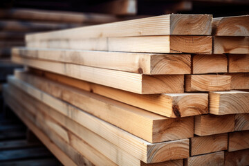 Close-up of stack of wooden boards at the warehouse