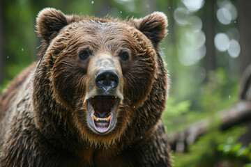 Obraz premium Roaring angry brown bear in the forest at summer