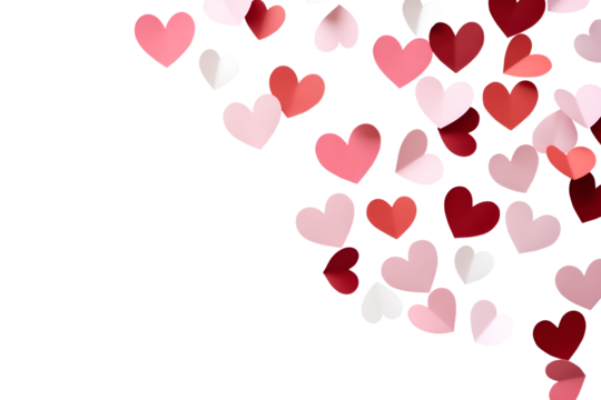Paper cut red pink white heart symbols flat lay top view on transparent background cutout, PNG file. Mockup template for artwork. Wallpaper banner	
