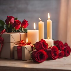 Gift box with roses and candles on wooden table, on light background. created by generative AI technology.
