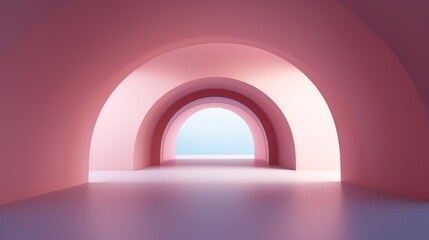  a pink tunnel with a light at the end of it and a blue sky at the end of the tunnel.
