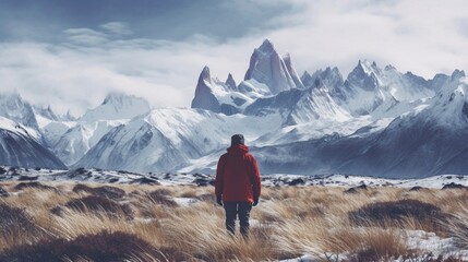 Patagonian Winter Solitude: A solitary figure stands amidst the snow-covered landscapes of Patagonia, embracing the solitude and silence of winter - obrazy, fototapety, plakaty