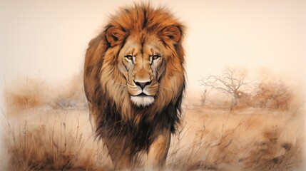  a painting of a lion walking in a field of dry grass with trees in the background and a white sky in the background.