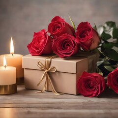 Fototapeta premium Gift box with roses and candles on wooden table, on light background. created by generative AI technology.