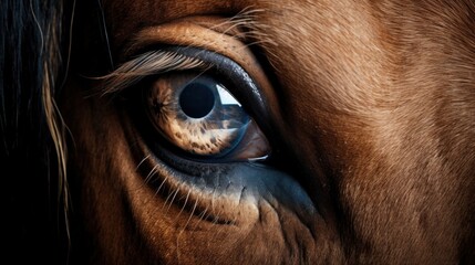 a close up of a horse's eye with a horse's face reflected in the horse's eye.