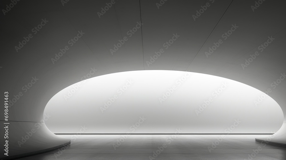Poster a black and white photo of a room with a light at the end of the tunnel and a bench at the end of th