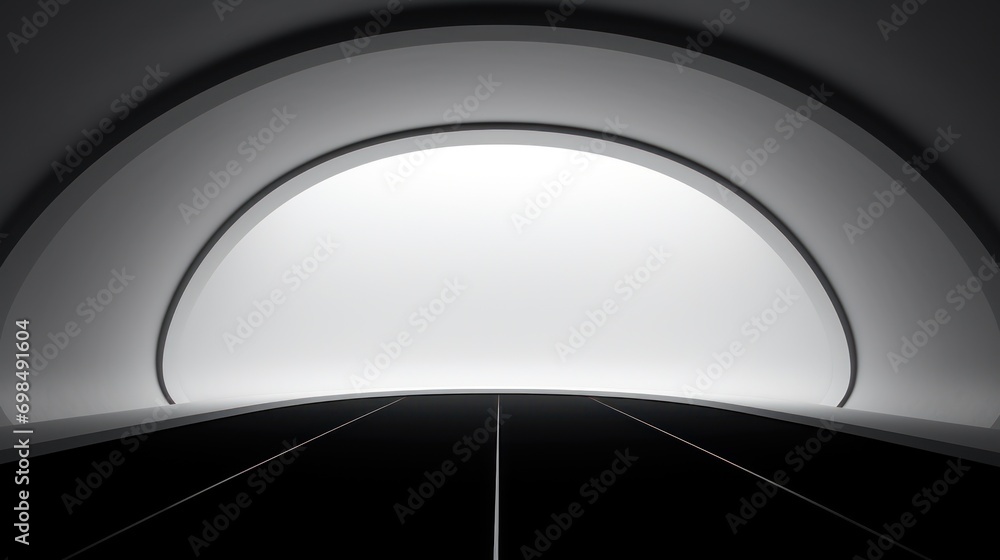 Poster a black and white photo of a tunnel with a light at the end of the tunnel and the light at the end o