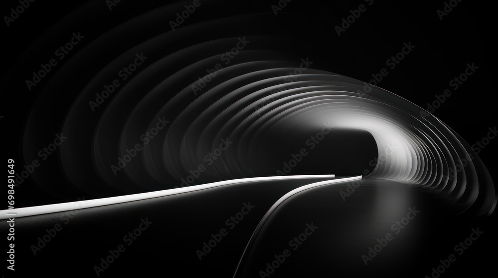 Poster a black and white photo of a tunnel with a light at the end of the tunnel and the light at the end o