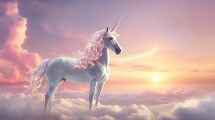  a white unicorn standing on top of a cloud filled sky with the sun in the background and clouds in the foreground.
