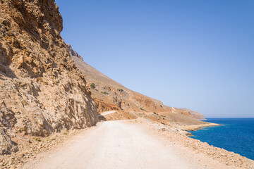 The road leading to the paradise sandy beach , in Europe, Greece, Crete, Balos, By the Mediterranean Sea, in summer, on a sunny day.