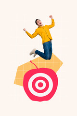 Vertical collage picture of overjoyed mini guy jumping raise fists apple shape painted darts board target isolated on checkered beige background