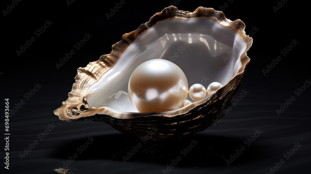 Poster a shell with a white pearl inside of it on a black surface with a reflection of the shell in the wat