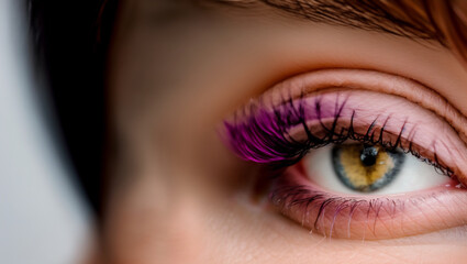 Detail of an eye made up with violet eyelashes, look of a woman. In mental health concept.