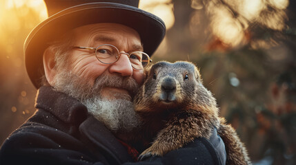 Happy Groundhog Day. Man wearing top hat picks up Punxsutawney Phil the famous groundhog.