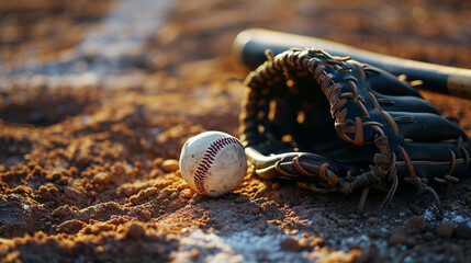 Baseball Diamond Glory:  A baseball glove, ball, and bat on a well-groomed diamond, capturing the anticipation of a pivotal moment in a game - obrazy, fototapety, plakaty