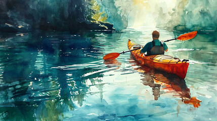 Kayaking Watercolors:  A kayak and paddle on calm waters, with reflections of nature creating a picturesque scene for water sports enthusiasts - obrazy, fototapety, plakaty