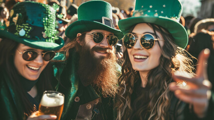 Happy people in St Patrick's Day outfits with beer taking selfie outdoors. 