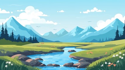 Animated Valley with River Background with Empty Copy Space for Text - Valley with River Landscape Backdrop - Flat Vector Valley Graphic Illustration Wallpaper created with Generative AI Technology