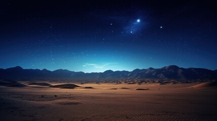  a view of a desert at night with a bright star in the sky and a distant mountain range in the distance.
