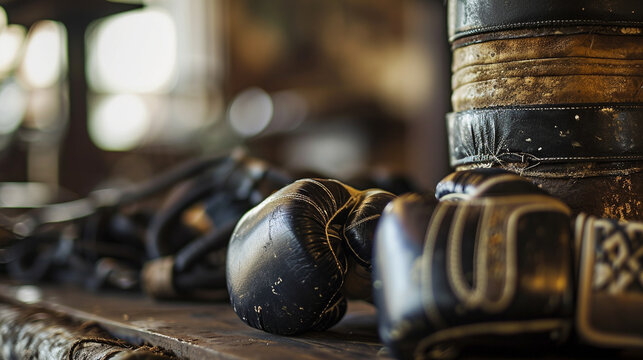 Martial Arts Mastery:  Martial arts equipment, including gloves and a punching bag, symbolizing discipline and skill in the world of combat sports