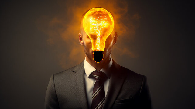 businessman with a burning light bulb instead of a head, idea, concept, an innovation,  new thought