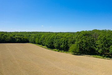 The green countryside with its forests and fields in Europe, France, Burgundy, Nievre, towards Nevers, in summer, on a sunny day.