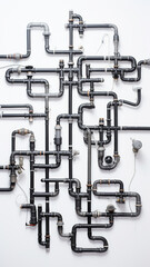 vertical background pipes and pipe connections isolated on white, abstract communications