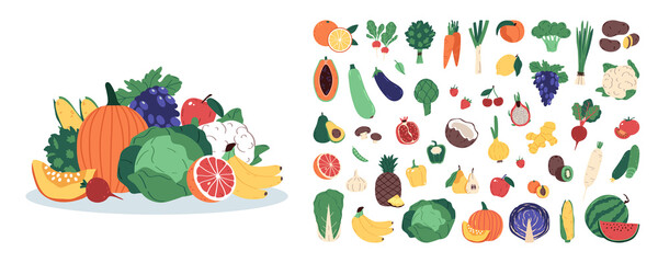 Hand drawn fruits and vegetables illustration icon set