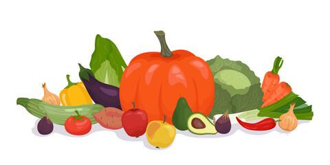 hand drawn organic food composition illustration with pumpkin and other fruits and vegetables