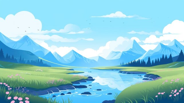 Animated Valley with River Background with Empty Copy Space for Text - Valley with River Landscape Backdrop - Flat Vector Valley Graphic Illustration Wallpaper created with Generative AI Technology © Sentoriak