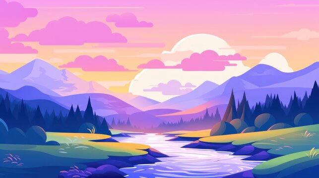 Animated Valley with River Background with Empty Copy Space for Text - Valley with River Landscape Backdrop - Flat Vector Valley Graphic Illustration Wallpaper created with Generative AI Technology © Sentoriak