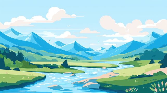 Animated Valley with River Background with Empty Copy Space for Text - Valley with River Landscape Backdrop - Flat Vector Valley Graphic Illustration Wallpaper created with Generative AI Technology