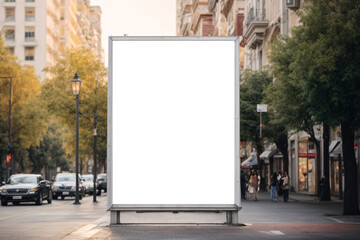 Vertical white empty billboard mockup outdoor in the street with trees and buildings in the background - obrazy, fototapety, plakaty