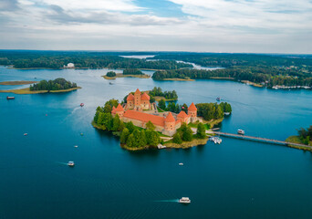 Aerial view of Trakai castle. Medieval gothic Island castle, located in Galve lake. Drone photo...