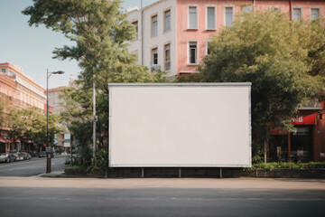 rectangular white empty billboard mockup outdoor in the street with trees and buildings in the background