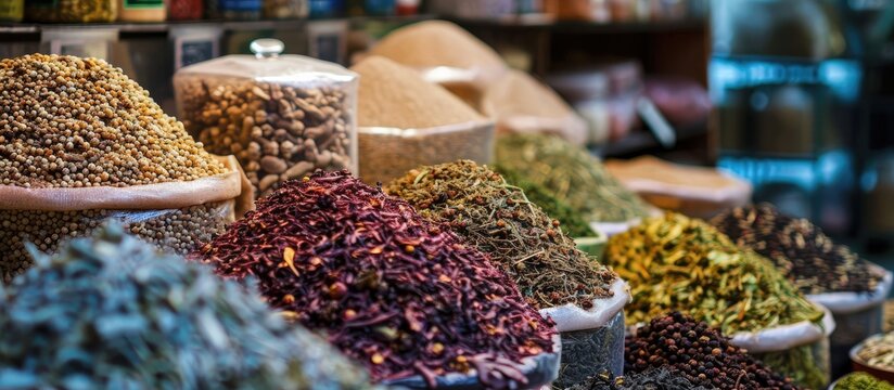 Dried herbs and spices available at the spice souq in Deira, UAE Dubai.