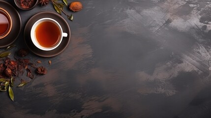 Obraz na płótnie Canvas a cup of tea sits next to a saucer and spoon on a black surface with leaves and nuts around it.