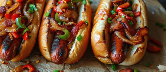 Bacon-wrapped hot dogs with onions and peppers made at home. - obrazy, fototapety, plakaty