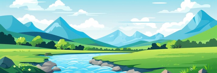 Fototapeta na wymiar Animated Valley with River Background with Empty Copy Space for Text - Valley with River Landscape Backdrop - Flat Vector Valley Graphic Illustration Wallpaper created with Generative AI Technology