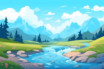 Fototapeta na wymiar Animated Valley with River Background with Empty Copy Space for Text - Valley with River Landscape Backdrop - Flat Vector Valley Graphic Illustration Wallpaper created with Generative AI Technology