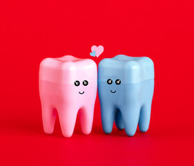 Cute blue and pink tooth on red background. St Valentine's day card.